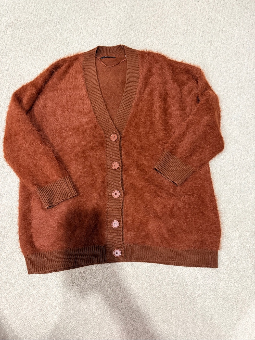 Tahari Rust Fuzzy V-Neck Button Cardigan